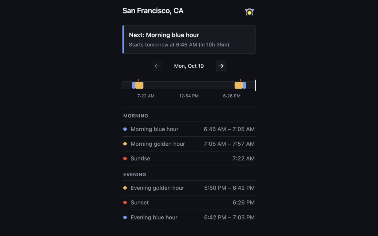 Golden Hour Finder showing golden and blue hour times
